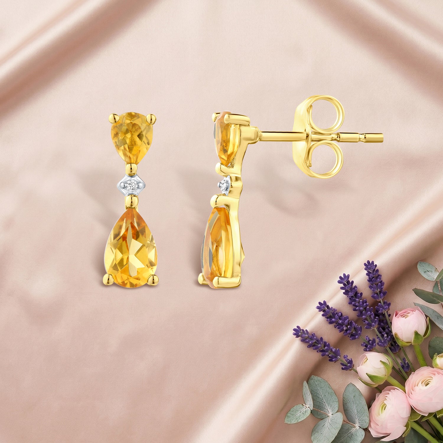 9ct Yellow Gold Pear Citrine and Diamond Drop Earrings
