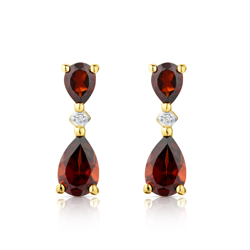 9ct Yellow Gold Pear Garnet and Diamond Drop Earrings