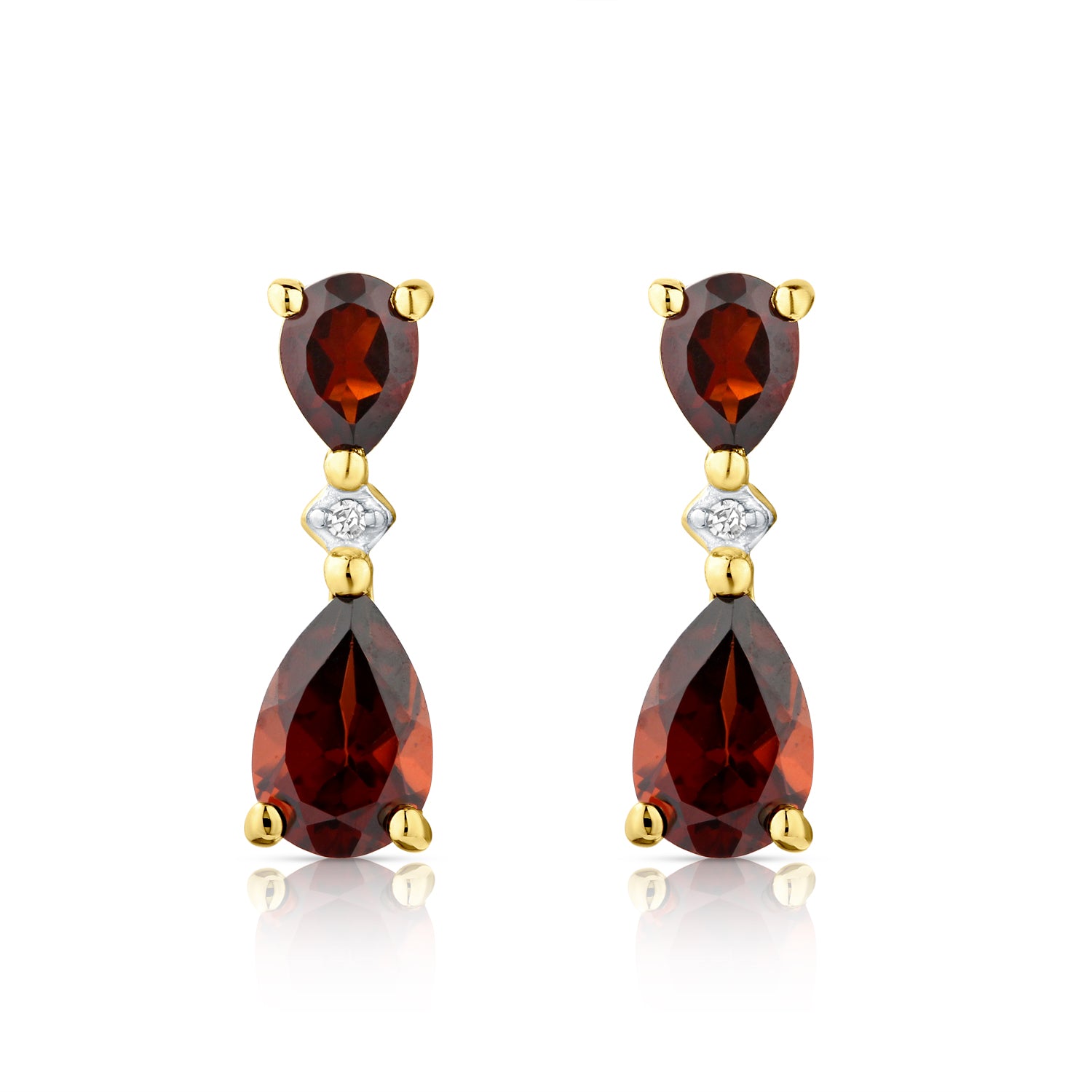 9ct Yellow Gold Pear Garnet and Diamond Drop Earrings