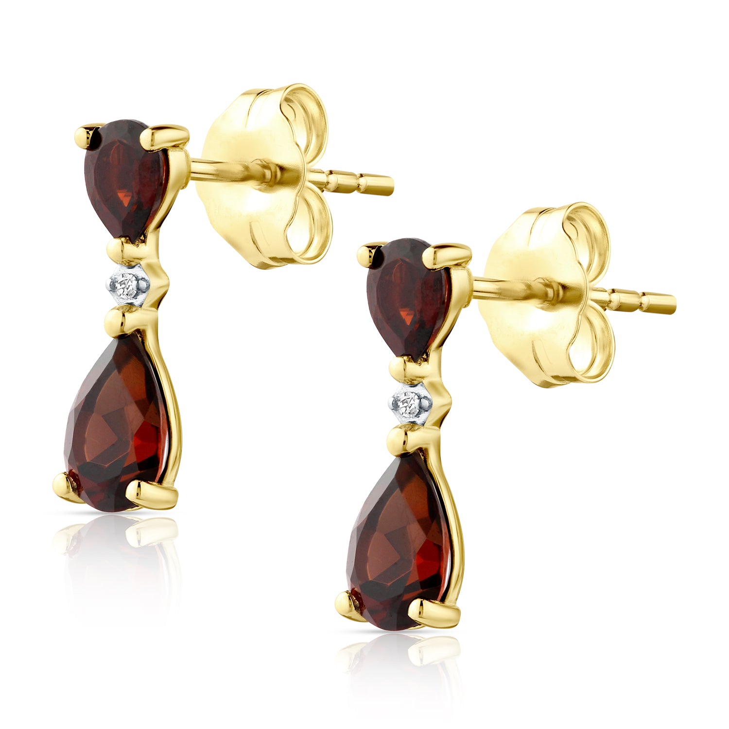 9ct Yellow Gold Pear Garnet and Diamond Drop Earrings