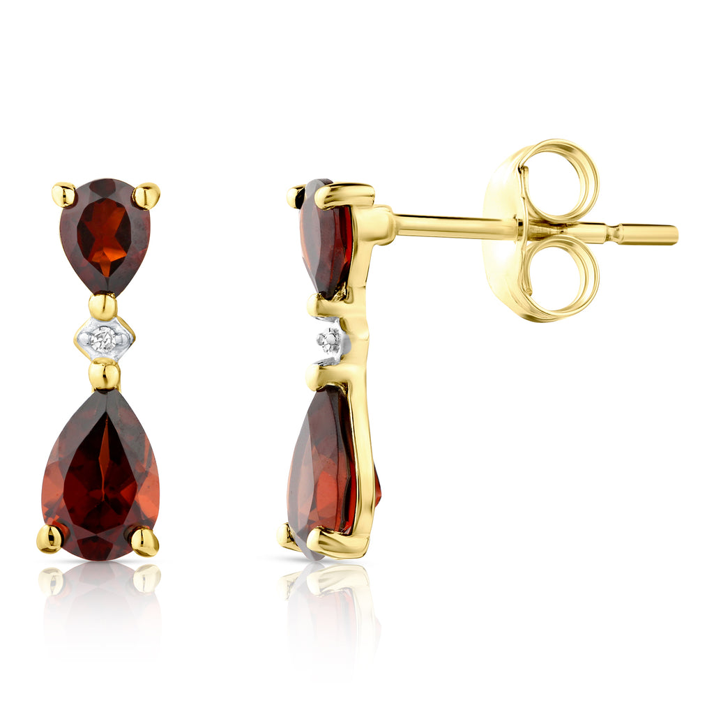 9ct Yellow Gold Pear Garnet and Diamond Drop Earrings