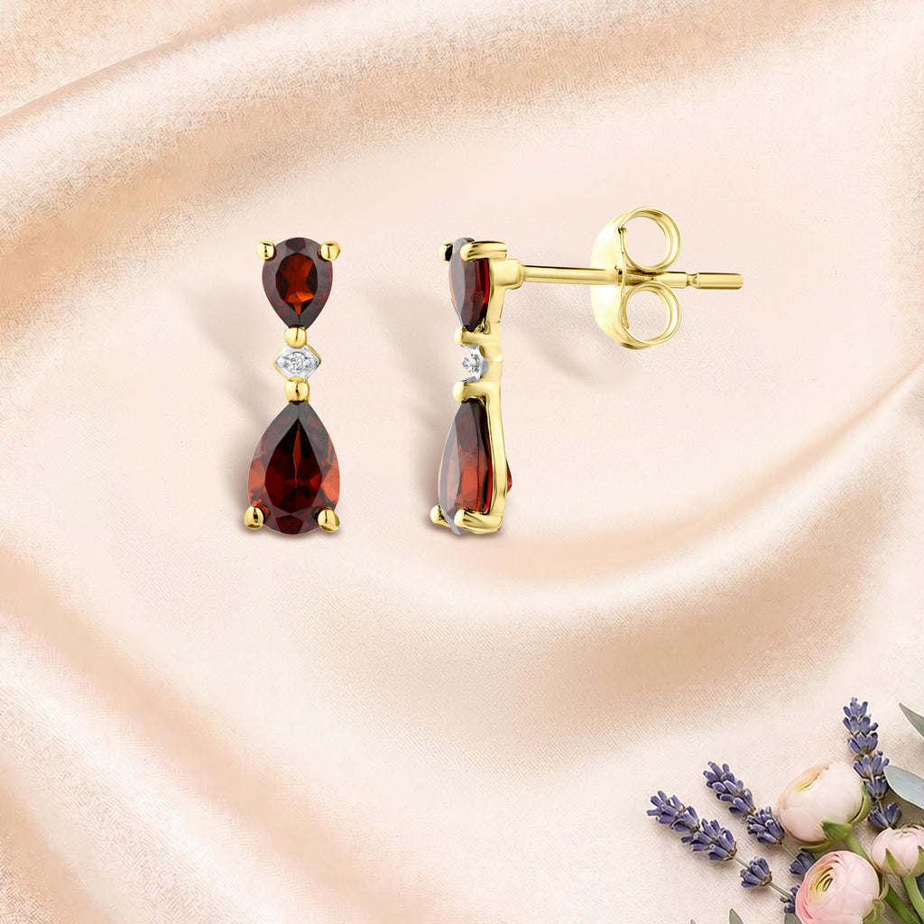 9ct Yellow Gold Pear Garnet and Diamond Drop Earrings