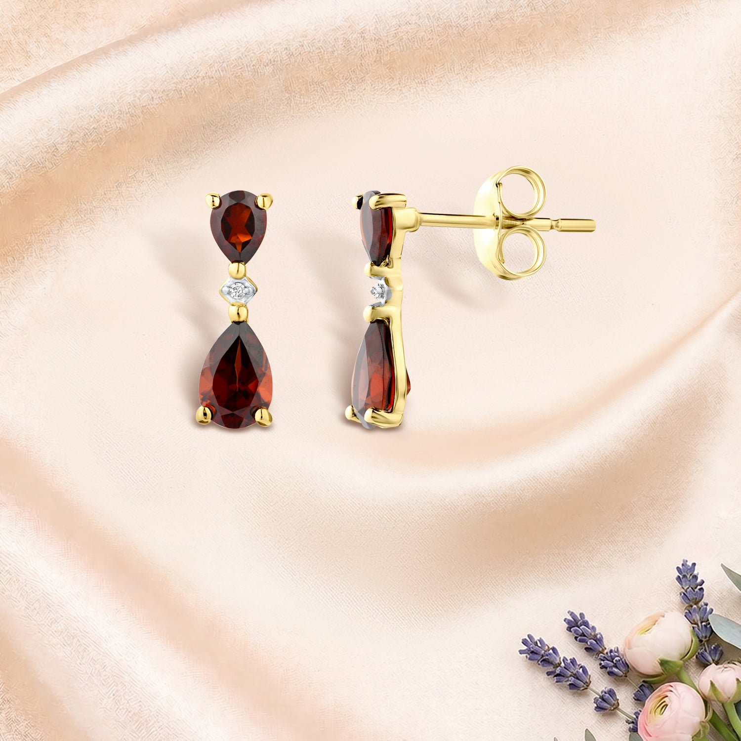 9ct Yellow Gold Pear Garnet and Diamond Drop Earrings