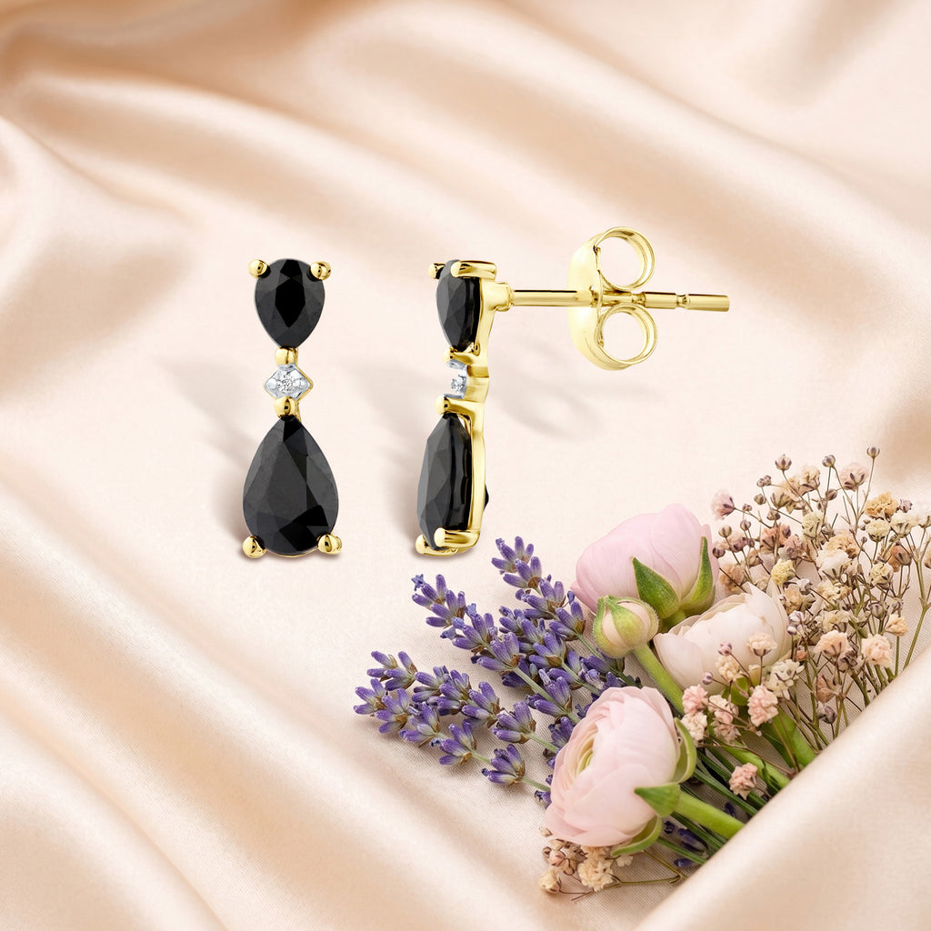 9ct Yellow Gold Pear Sapphire and Diamond Drop Earrings