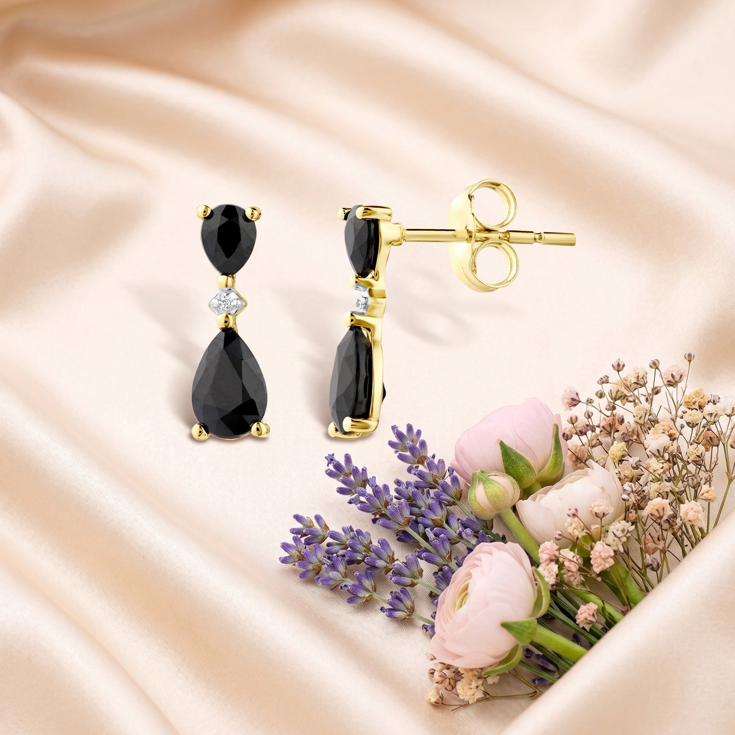9ct Yellow Gold Pear Sapphire and Diamond Drop Earrings
