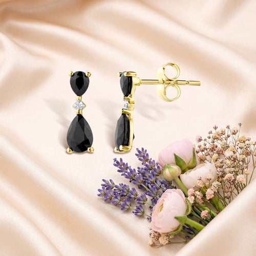 9ct Yellow Gold Pear Sapphire and Diamond Drop Earrings