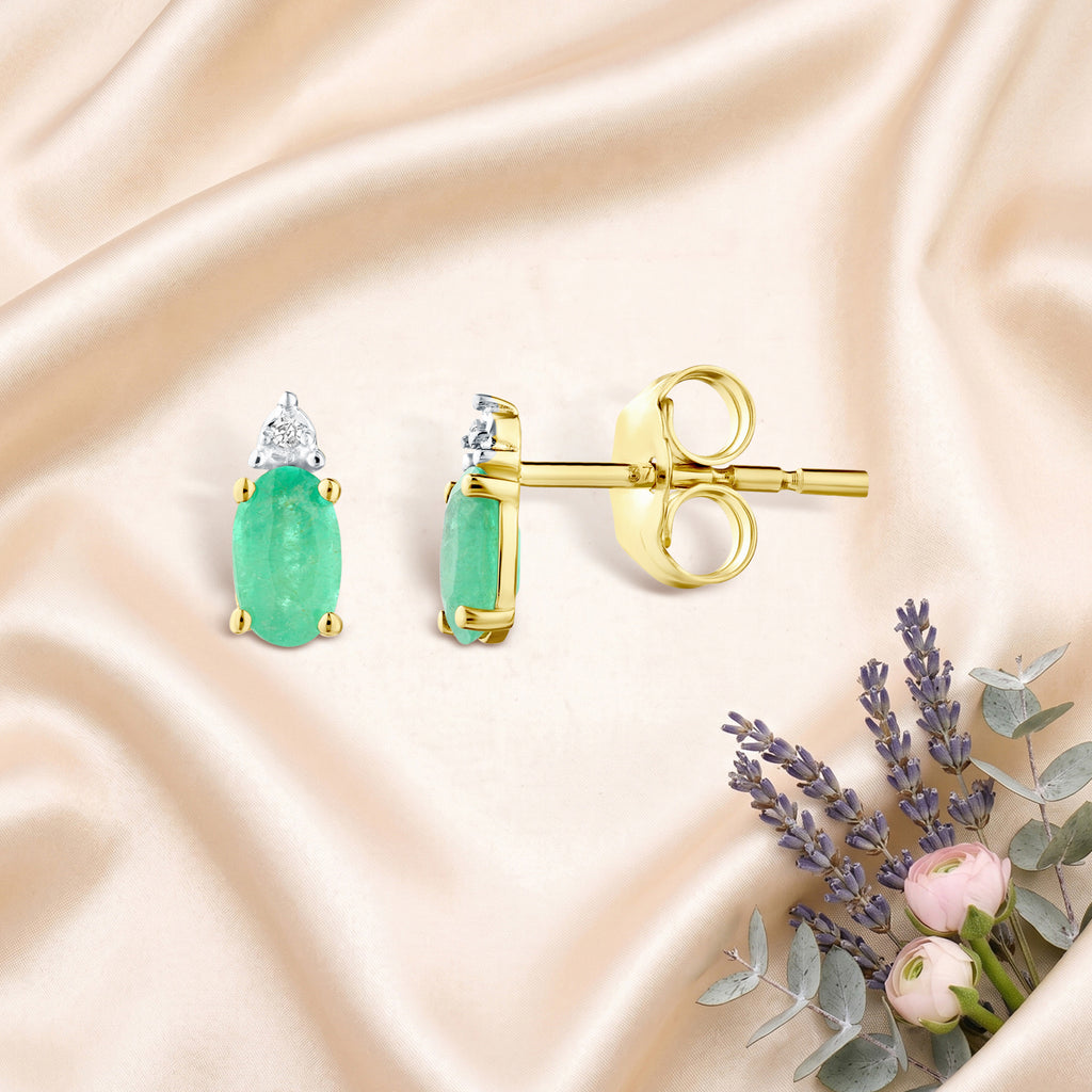 9ct Yellow Gold Emerald and Diamond Stud Earrings
