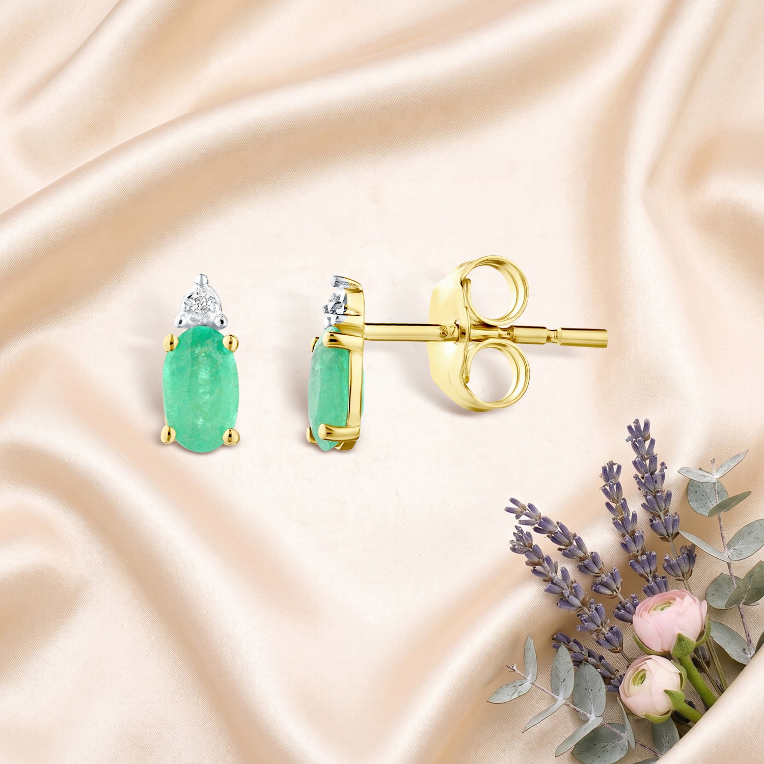 9ct Yellow Gold Emerald and Diamond Stud Earrings