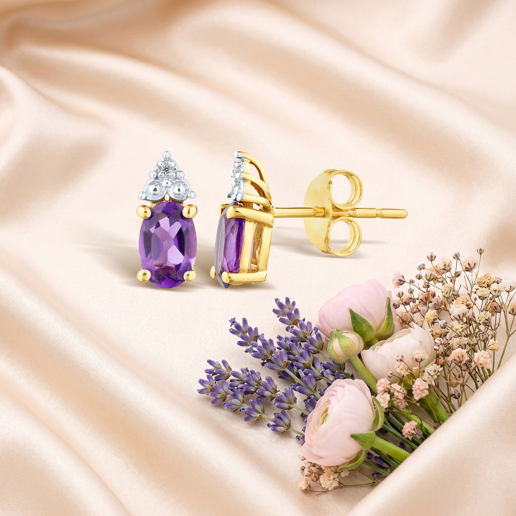 9ct Yellow Gold Amethyst and Diamond Stud Earrings