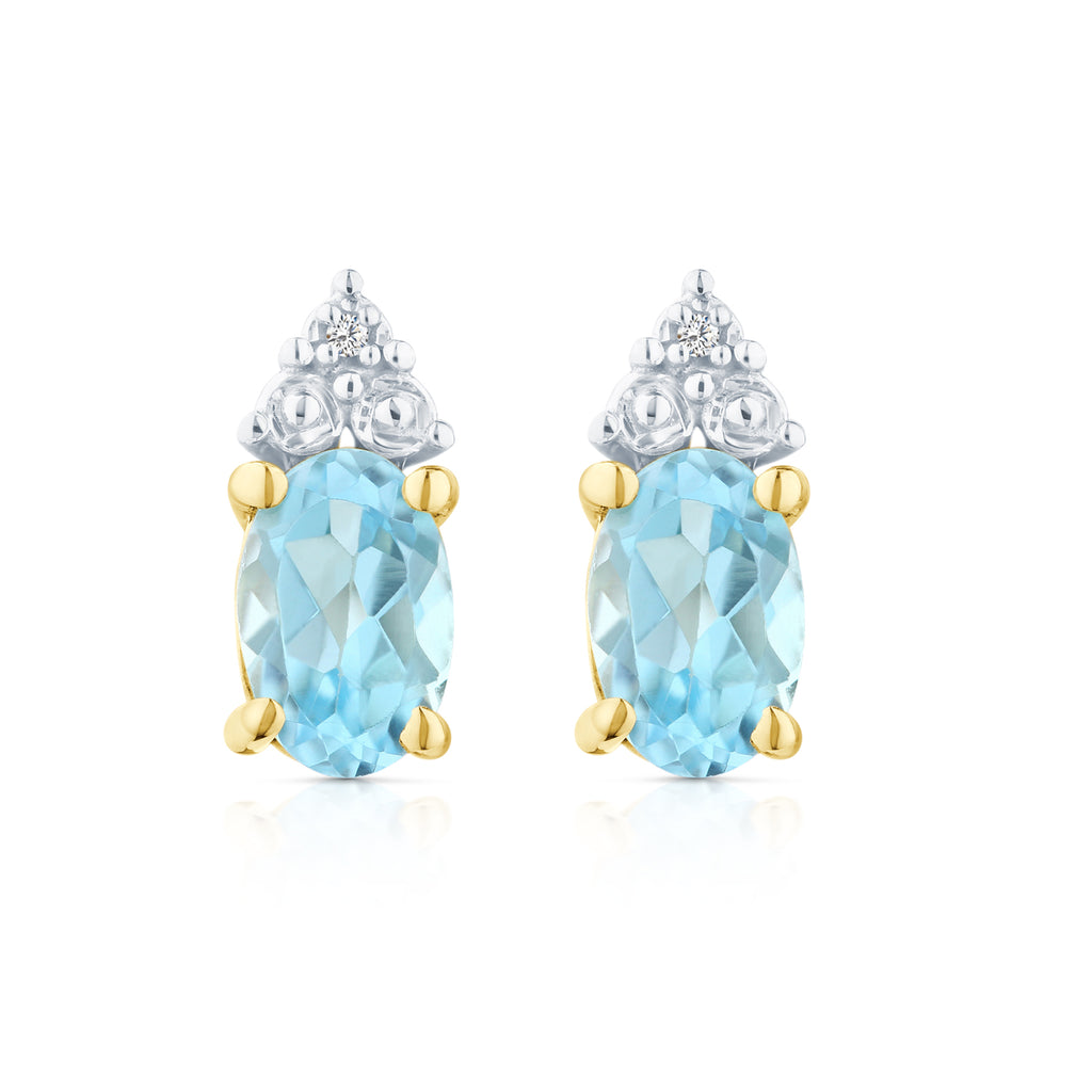 9ct Yellow Gold Blue Topaz and Diamond Stud Earrings