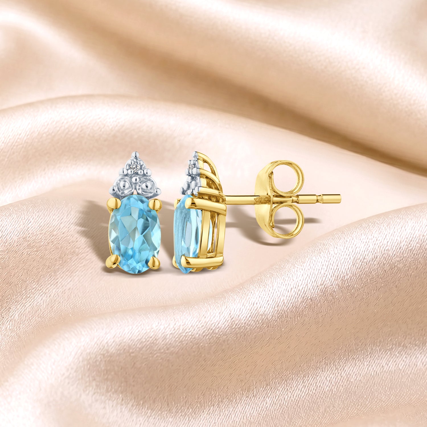 9ct Yellow Gold Blue Topaz and Diamond Stud Earrings