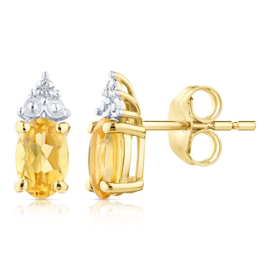 9ct Yellow Gold Citrine and Diamond Stud Earrings