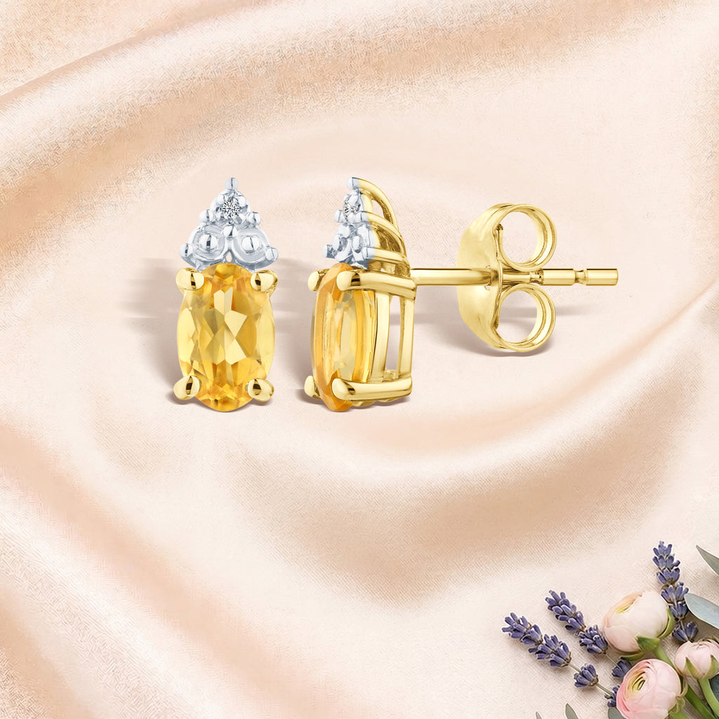 9ct Yellow Gold Citrine and Diamond Stud Earrings