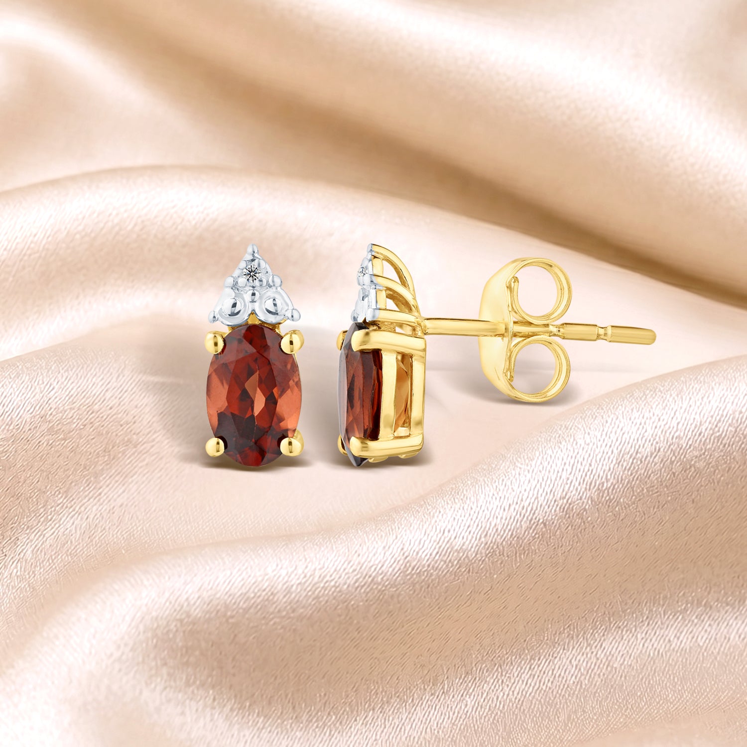 9ct Yellow Gold Garnet and Diamond Stud Earrings