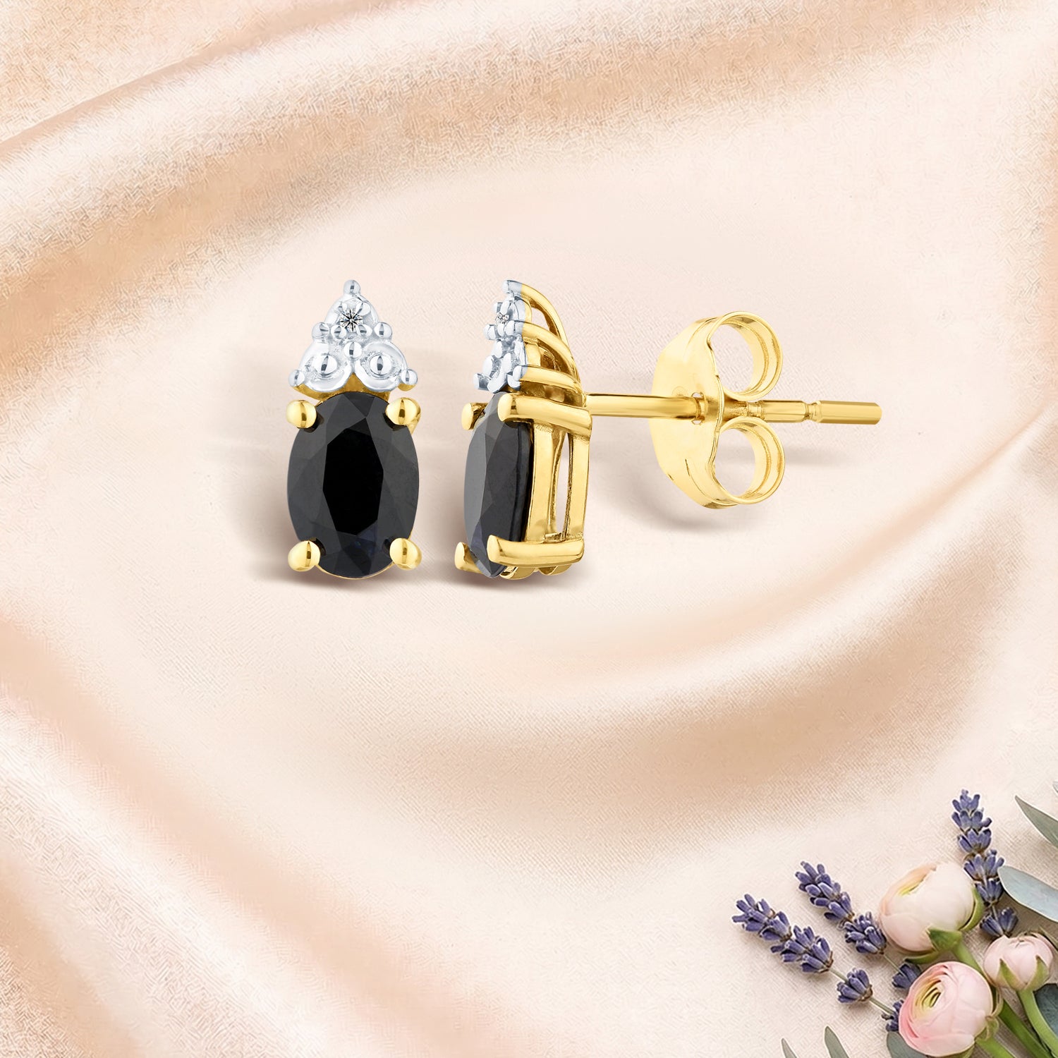 9ct Yellow Gold Sapphire and Diamond Stud Earrings