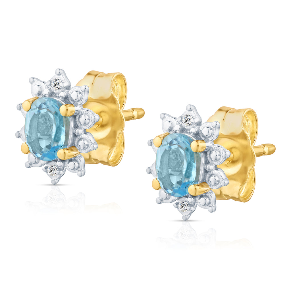 9ct Yellow Gold Blue Topaz and Diamond Cluster Earrings