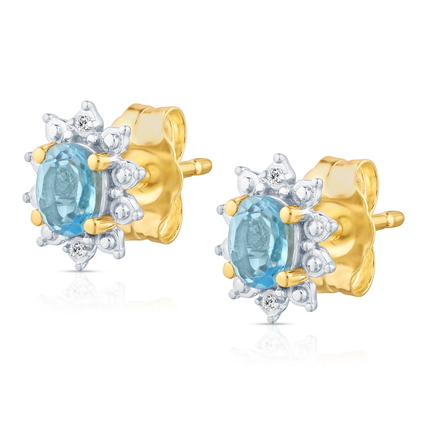 9ct Yellow Gold Blue Topaz and Diamond Cluster Earrings