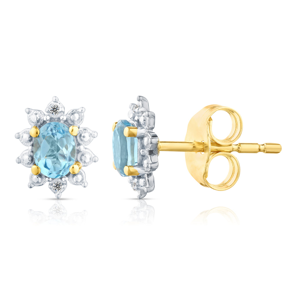 9ct Yellow Gold Blue Topaz and Diamond Cluster Earrings