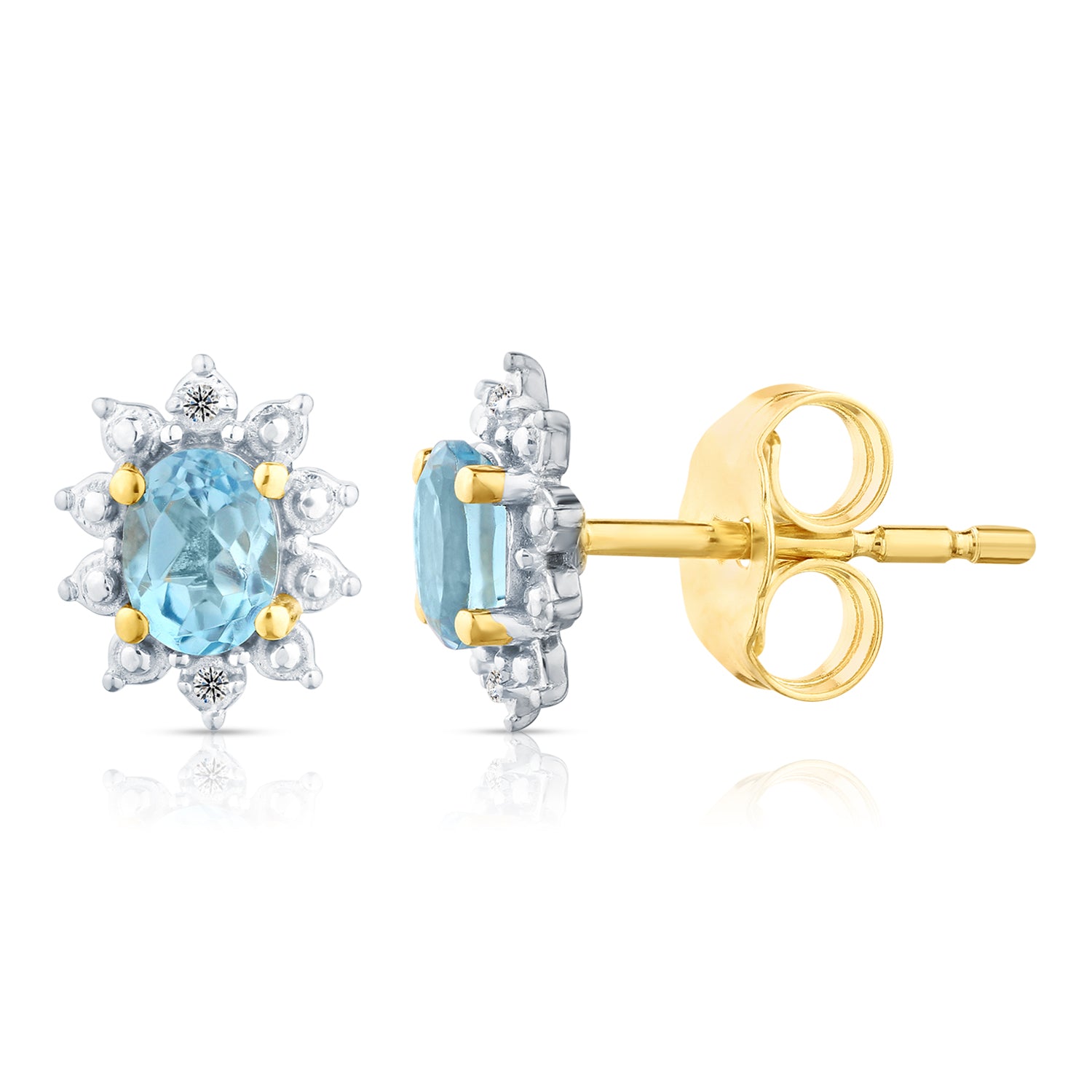 9ct Yellow Gold Blue Topaz and Diamond Cluster Earrings