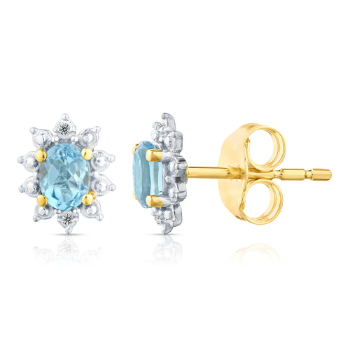 9ct Yellow Gold Blue Topaz and Diamond Cluster Earrings