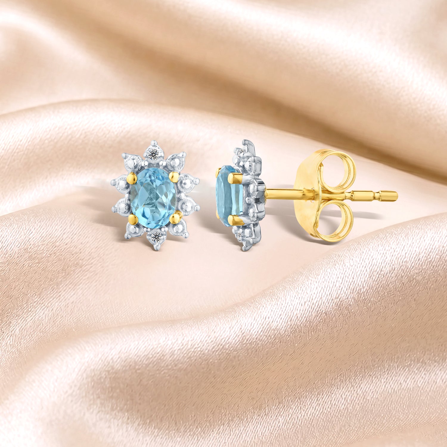 9ct Yellow Gold Blue Topaz and Diamond Cluster Earrings