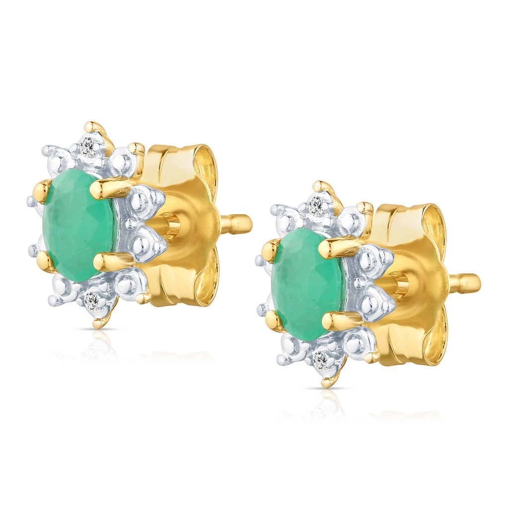 9ct Yellow Gold Emerald and Diamond Cluster Earrings