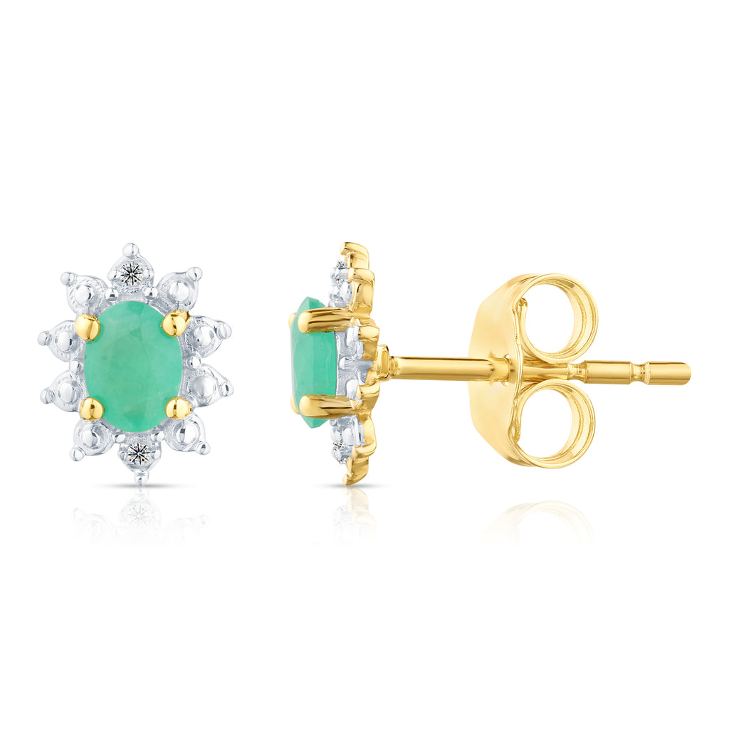 9ct Yellow Gold Emerald and Diamond Cluster Earrings