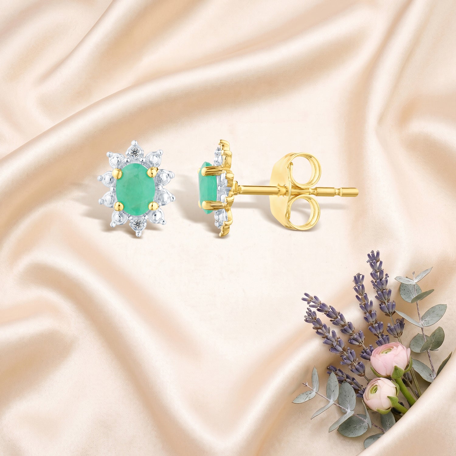 9ct Yellow Gold Emerald and Diamond Cluster Earrings