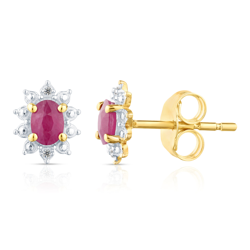 9ct Yellow Gold Ruby and Diamond Cluster Earrings