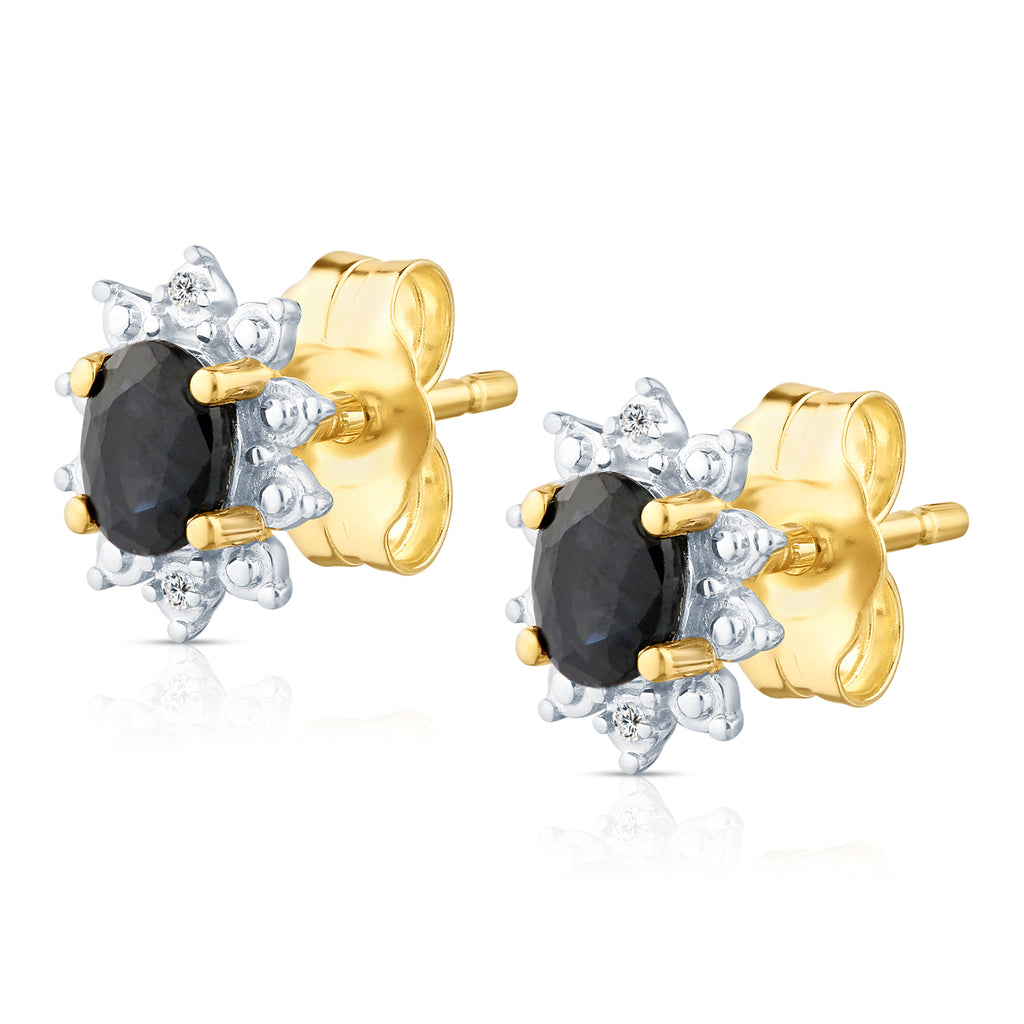 9ct Yellow Gold Sapphire and Diamond Cluster Earrings