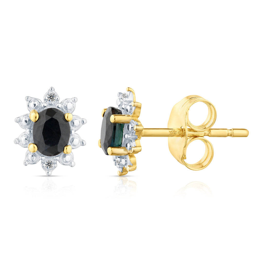 9ct Yellow Gold Sapphire and Diamond Cluster Earrings