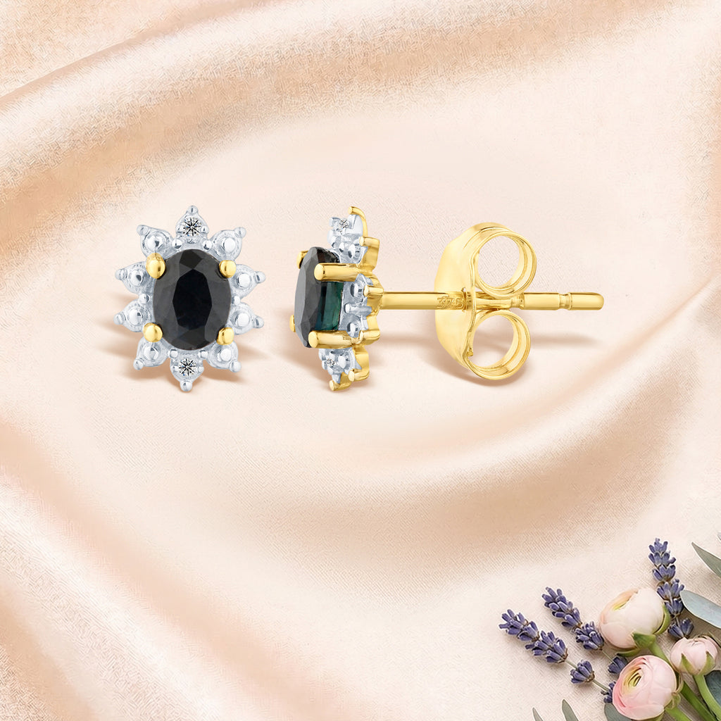 9ct Yellow Gold Sapphire and Diamond Cluster Earrings