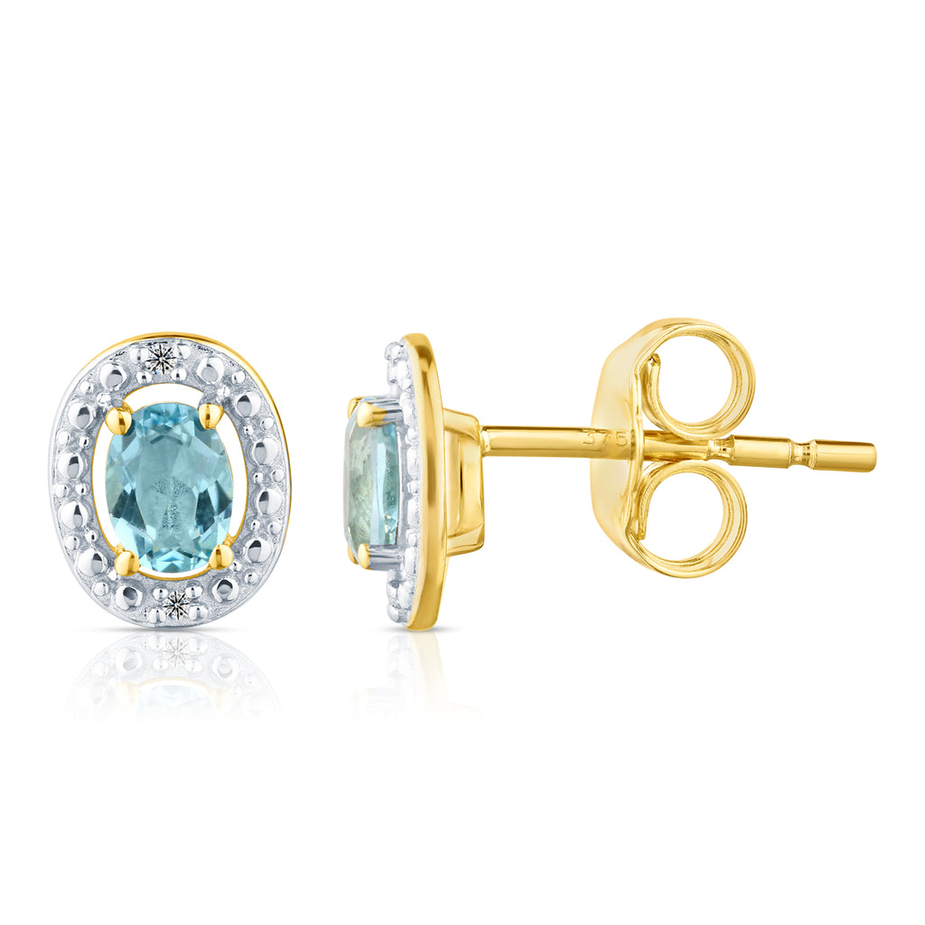9ct Yellow Gold Blue Topaz and Diamond Halo Earrings