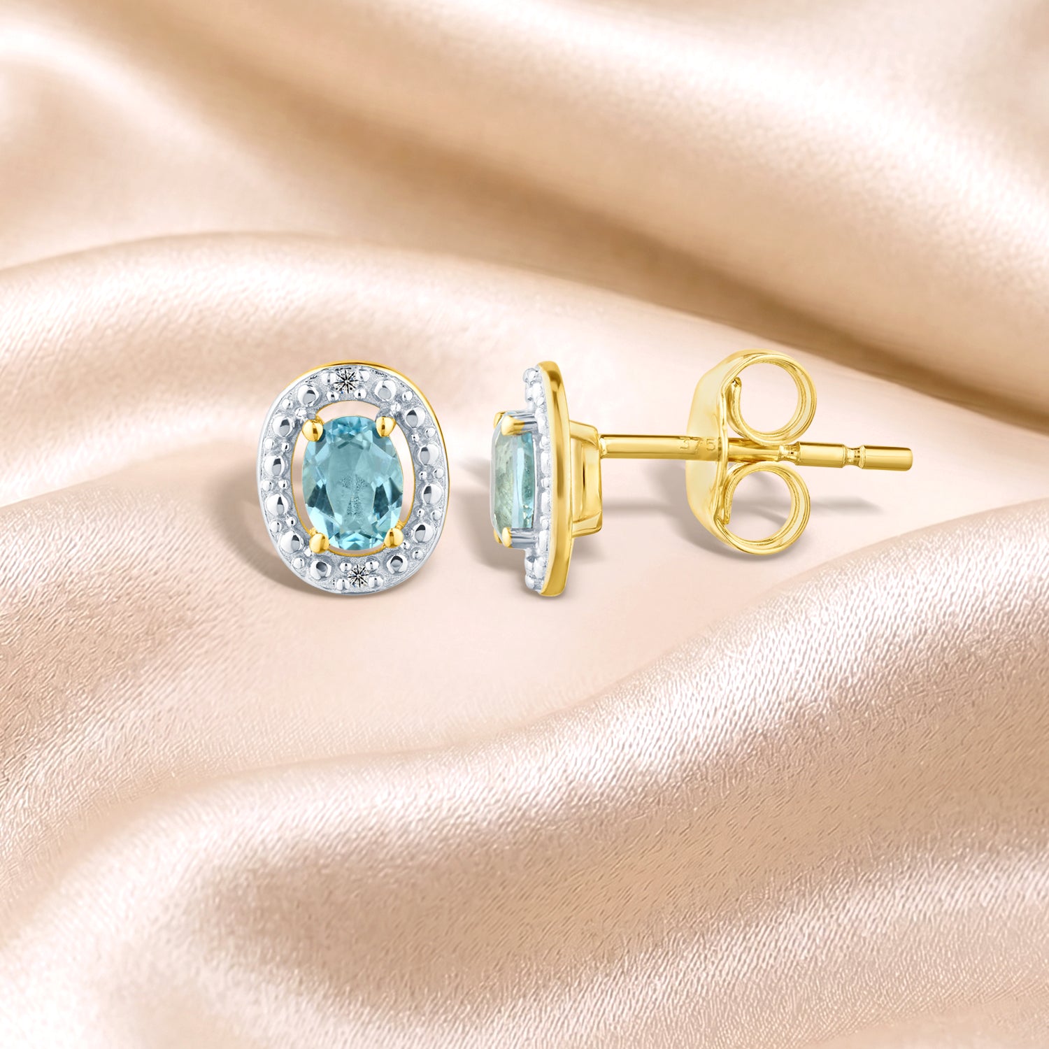 9ct Yellow Gold Blue Topaz and Diamond Halo Earrings
