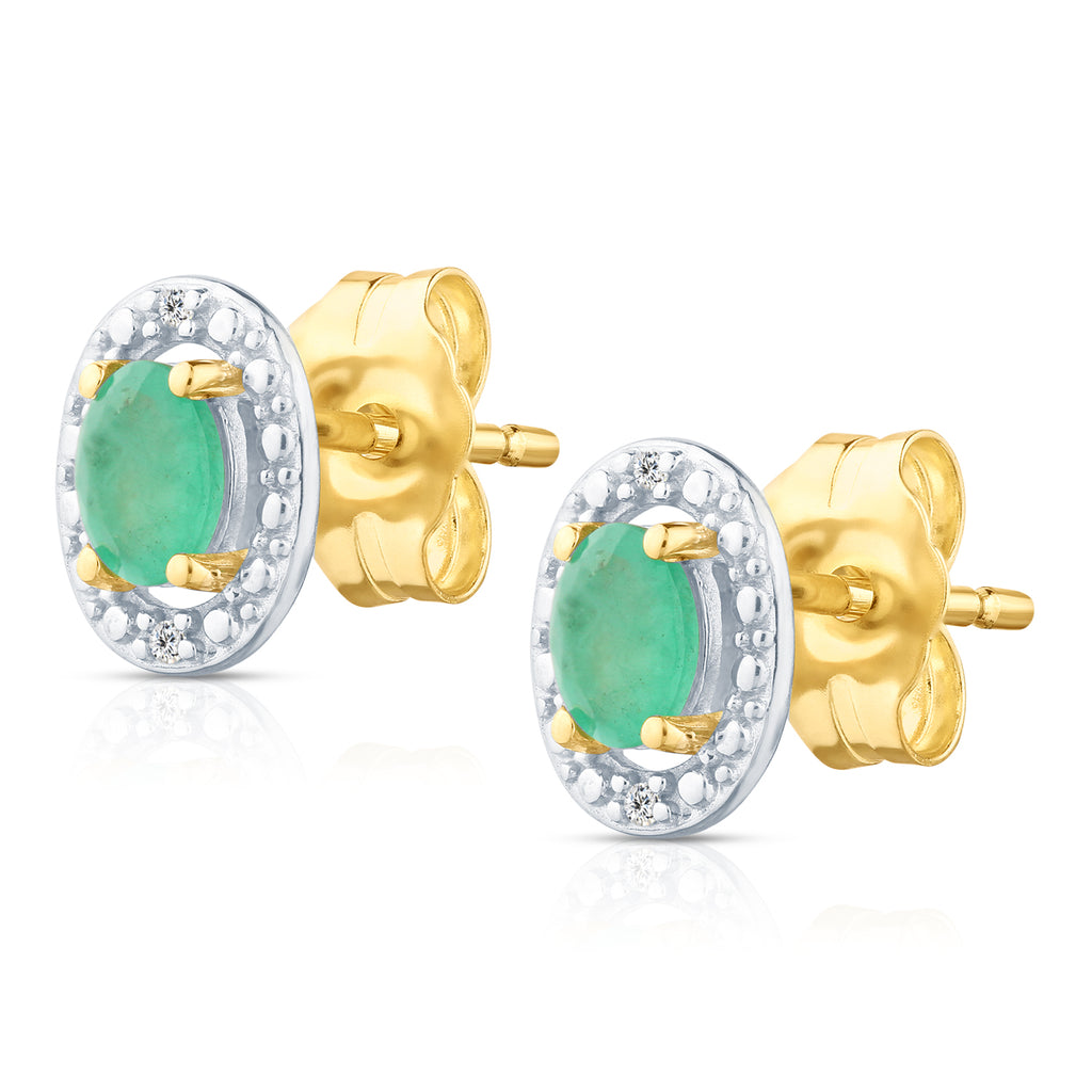 9ct Yellow Gold Emerald and Diamond Halo Earrings
