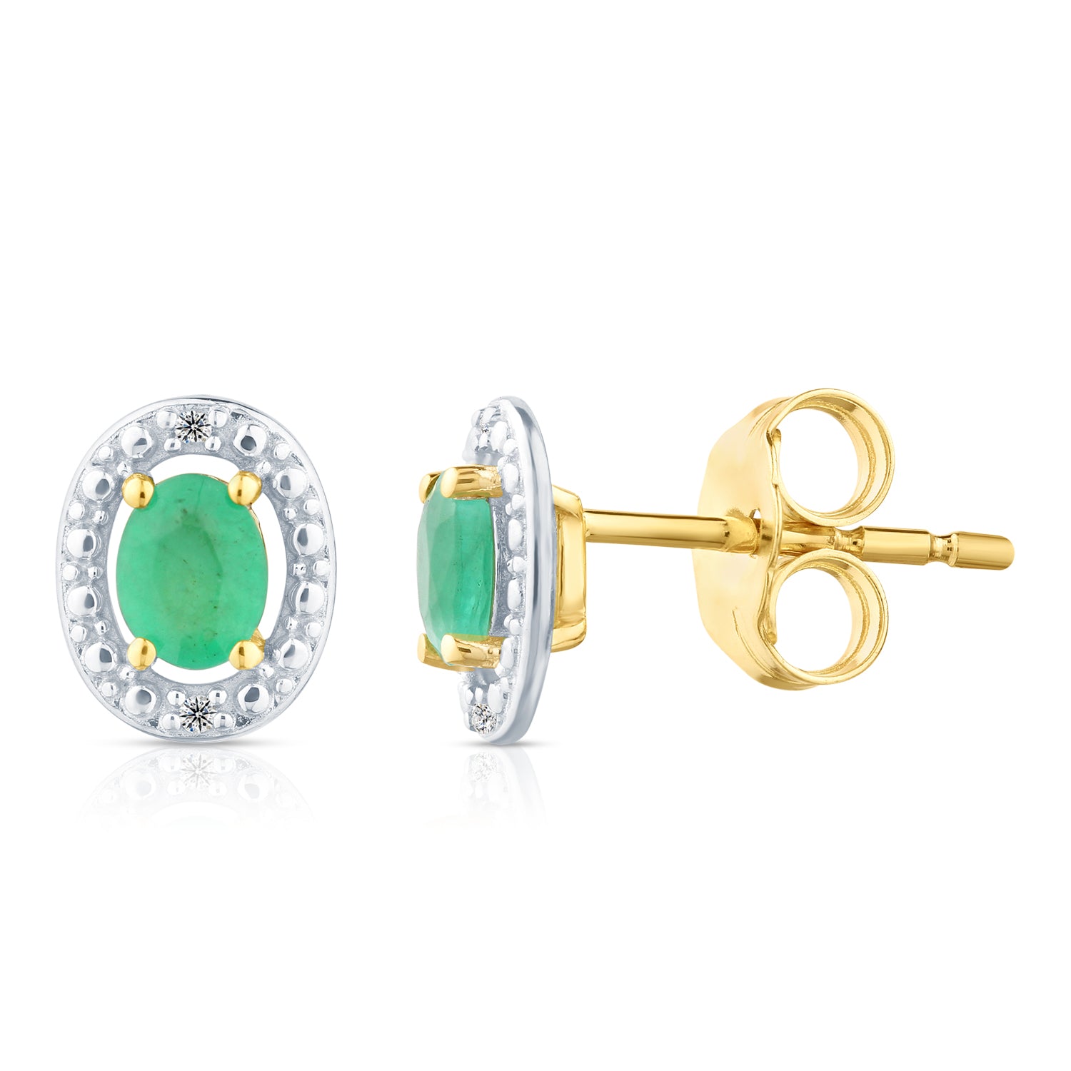 9ct Yellow Gold Emerald and Diamond Halo Earrings