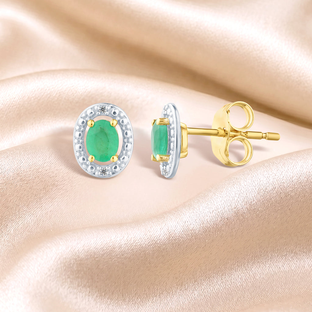 9ct Yellow Gold Emerald and Diamond Halo Earrings