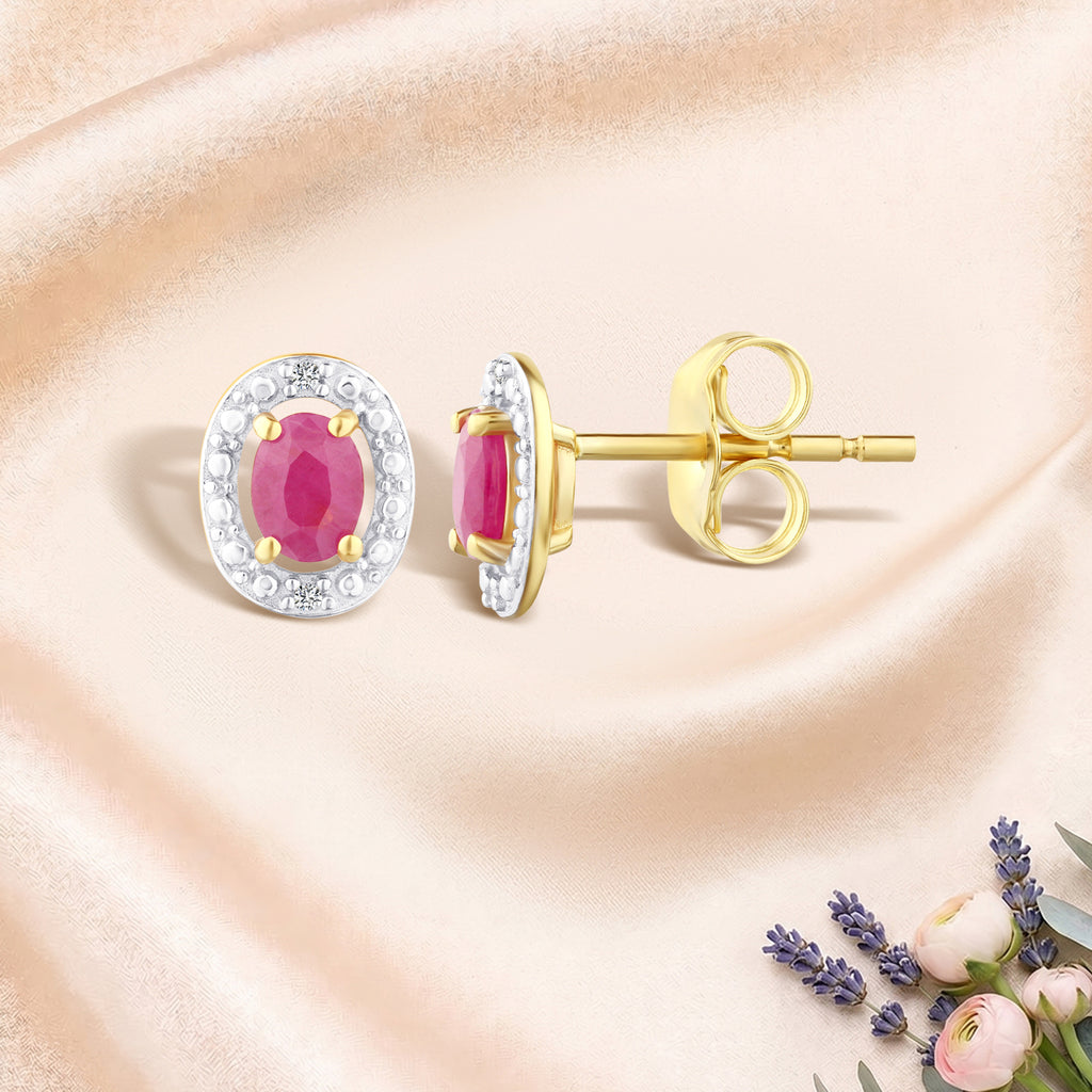 9ct Yellow Gold Ruby and Diamond Halo Earrings
