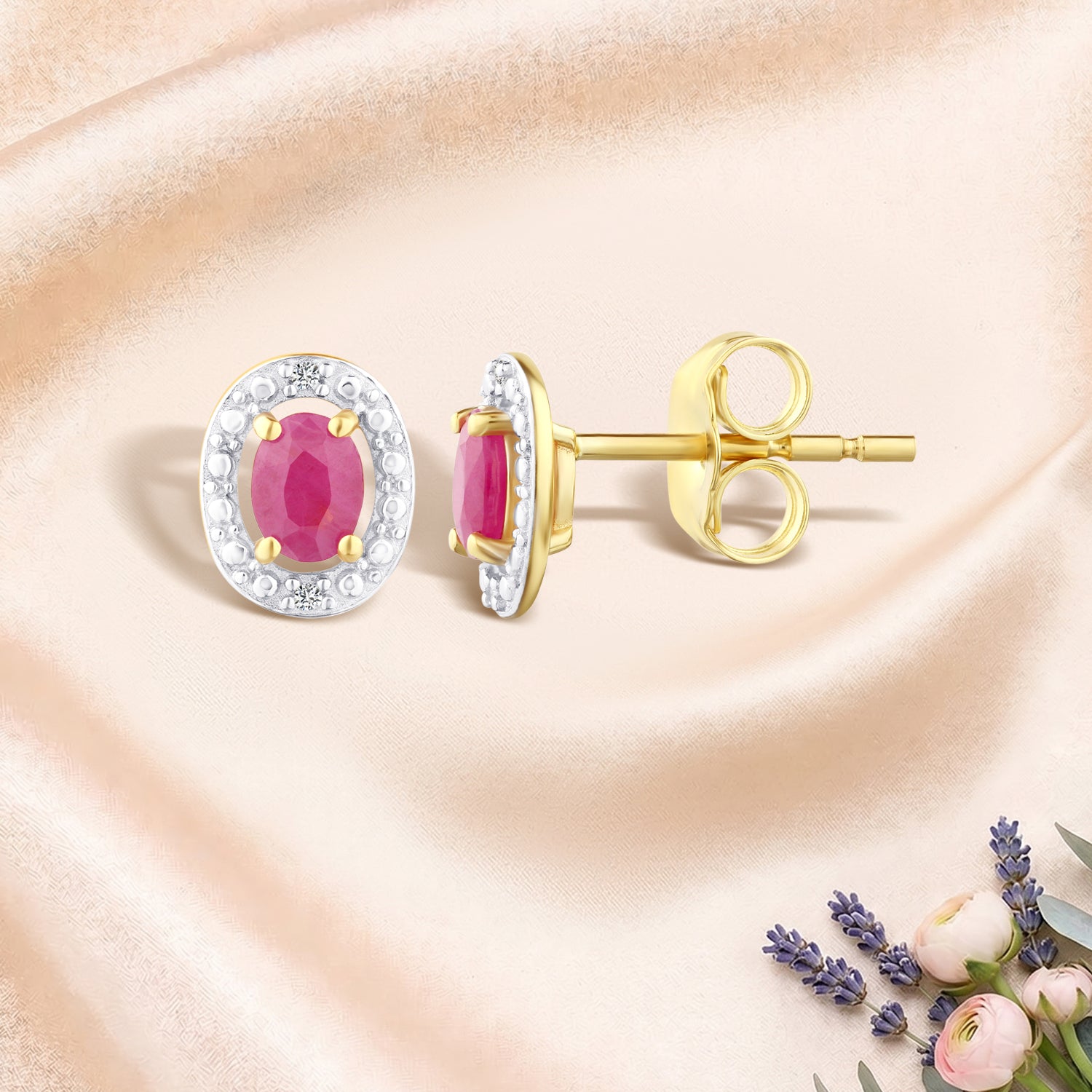9ct Yellow Gold Ruby and Diamond Halo Earrings