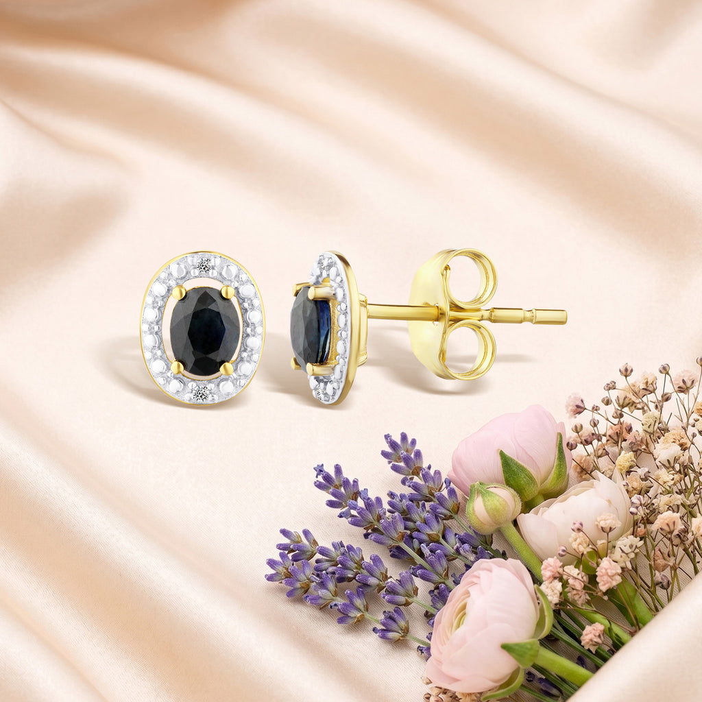 9ct Yellow Gold Sapphire and Diamond Halo Earrings