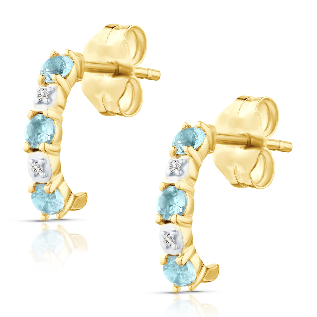9ct Yellow Gold Blue Topaz and Diamond Huggie Earrings