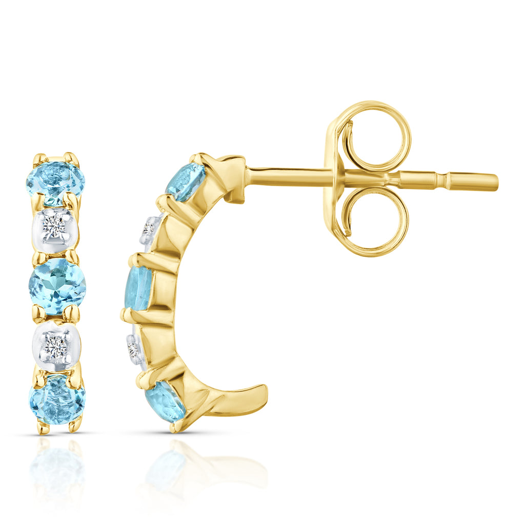 9ct Yellow Gold Blue Topaz and Diamond Huggie Earrings