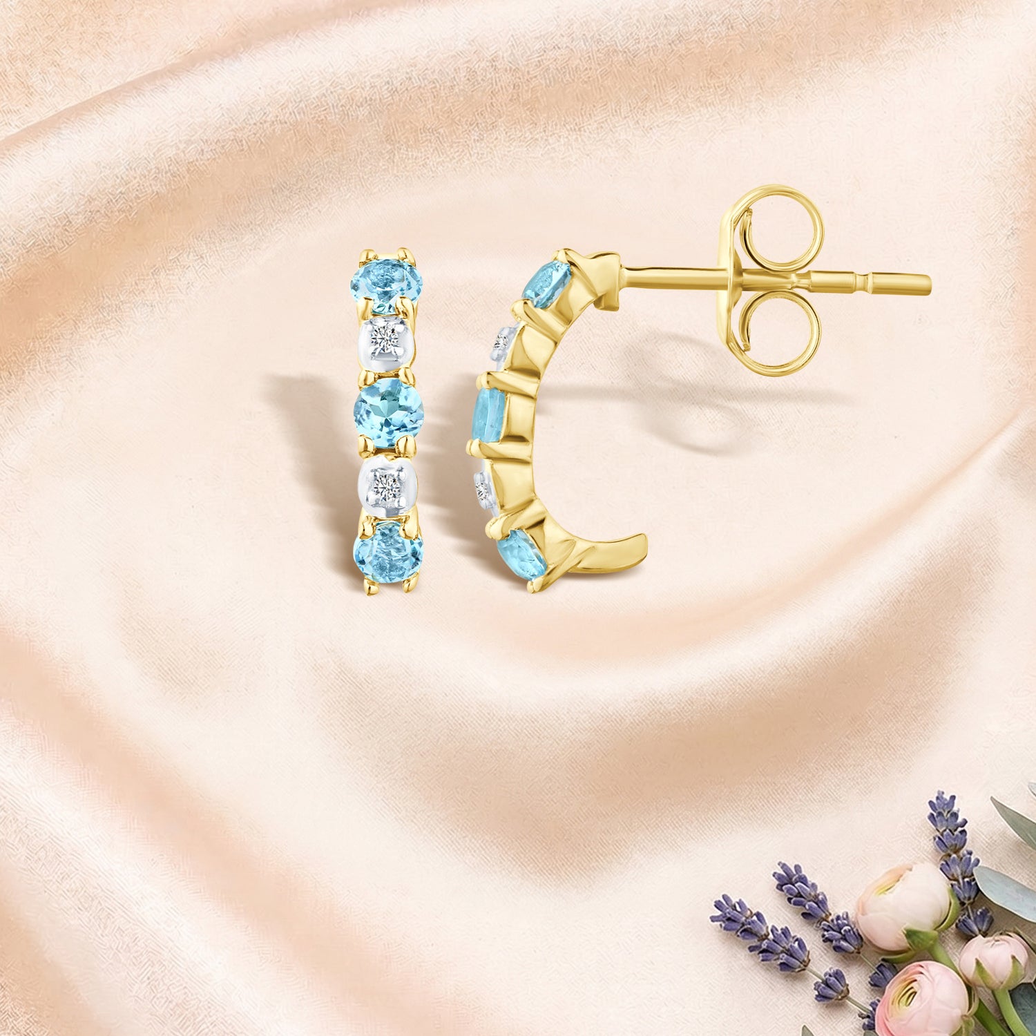 9ct Yellow Gold Blue Topaz and Diamond Huggie Earrings
