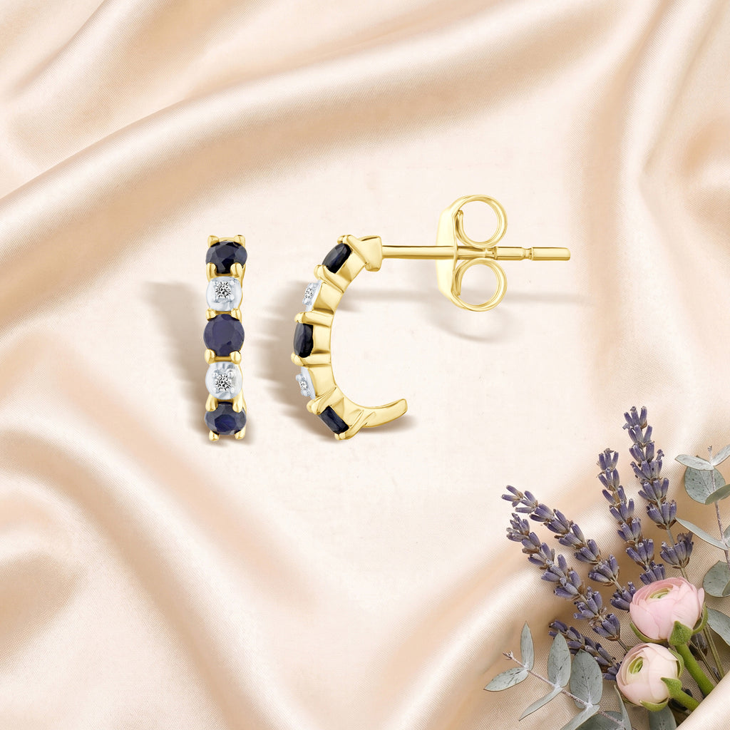 9ct Yellow Gold Sapphire and Diamond Huggie Earrings