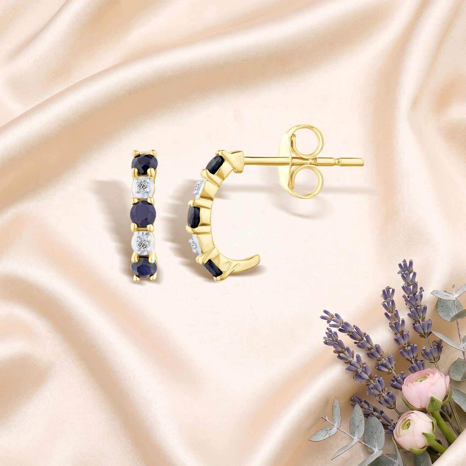 9ct Yellow Gold Sapphire and Diamond Huggie Earrings