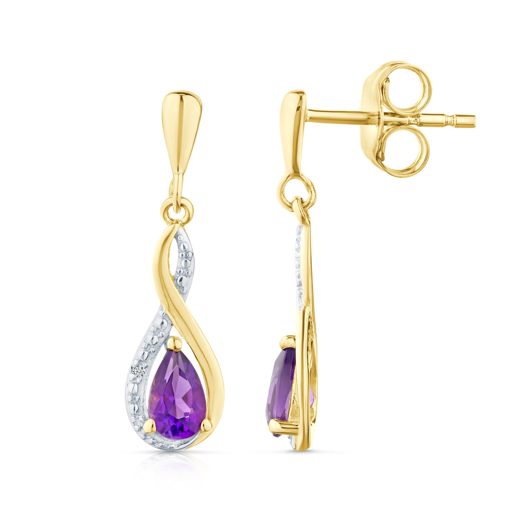 9ct Yellow Gold Amethyst and Diamond Infinity Earrings