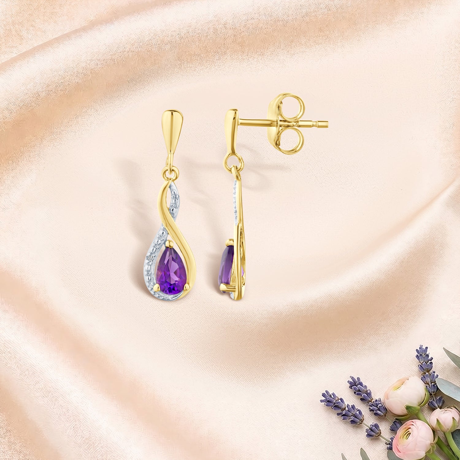 9ct Yellow Gold Amethyst and Diamond Infinity Earrings
