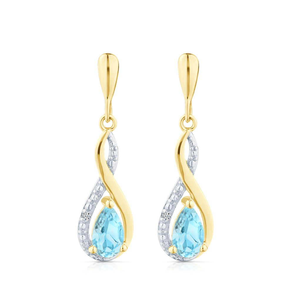 9ct Yellow Gold Blue Topaz and Diamond Infinity Earrings