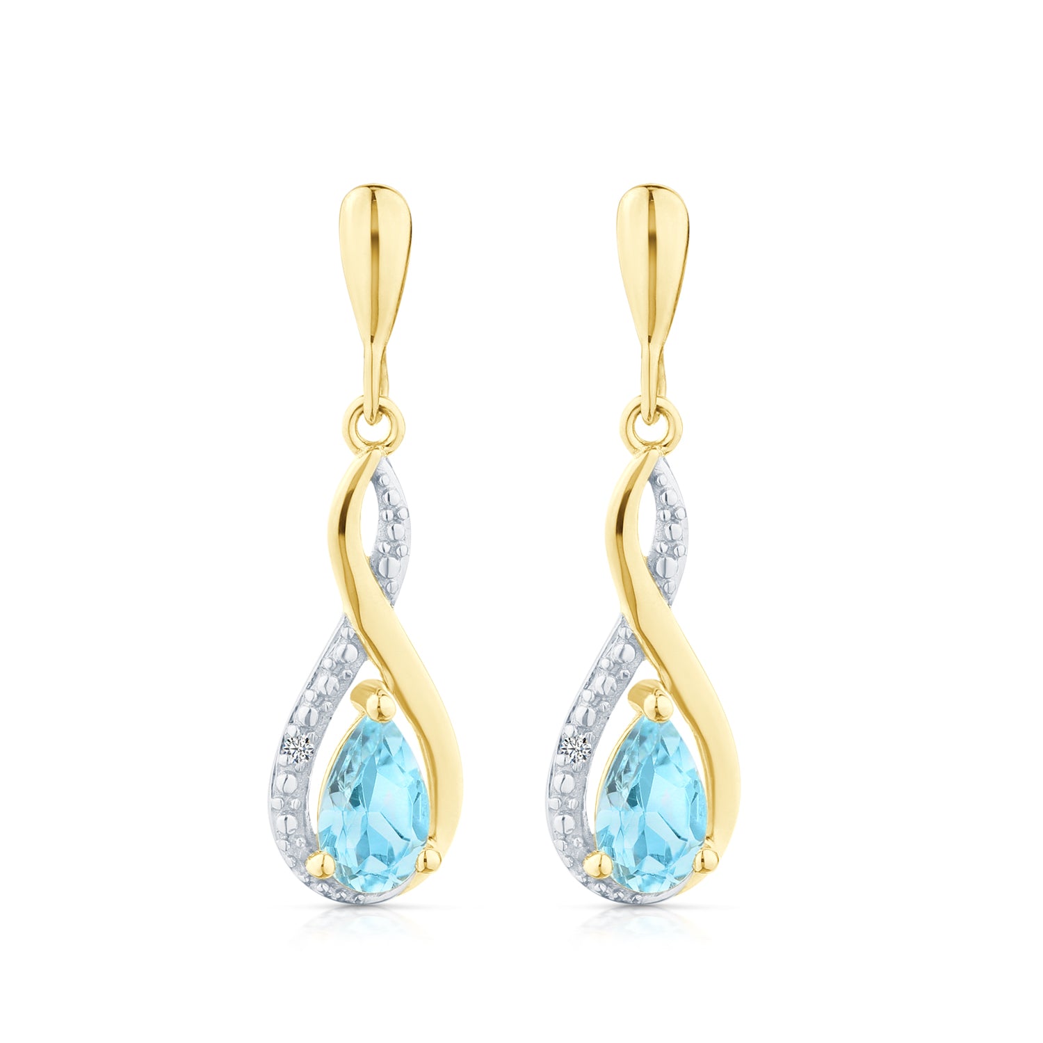 9ct Yellow Gold Blue Topaz and Diamond Infinity Earrings