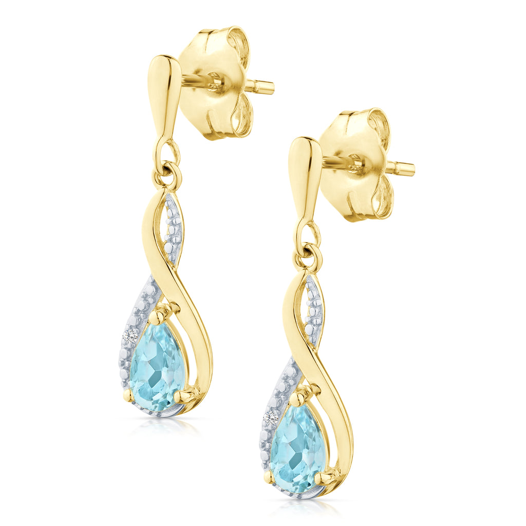 9ct Yellow Gold Blue Topaz and Diamond Infinity Earrings